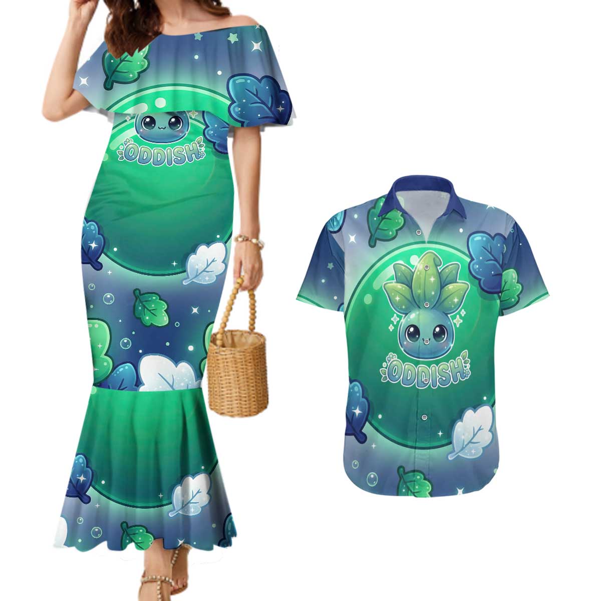 Oddish Couples Matching Mermaid Dress and Hawaiian Shirt Whimsical Kawaii Botanical Fantasy