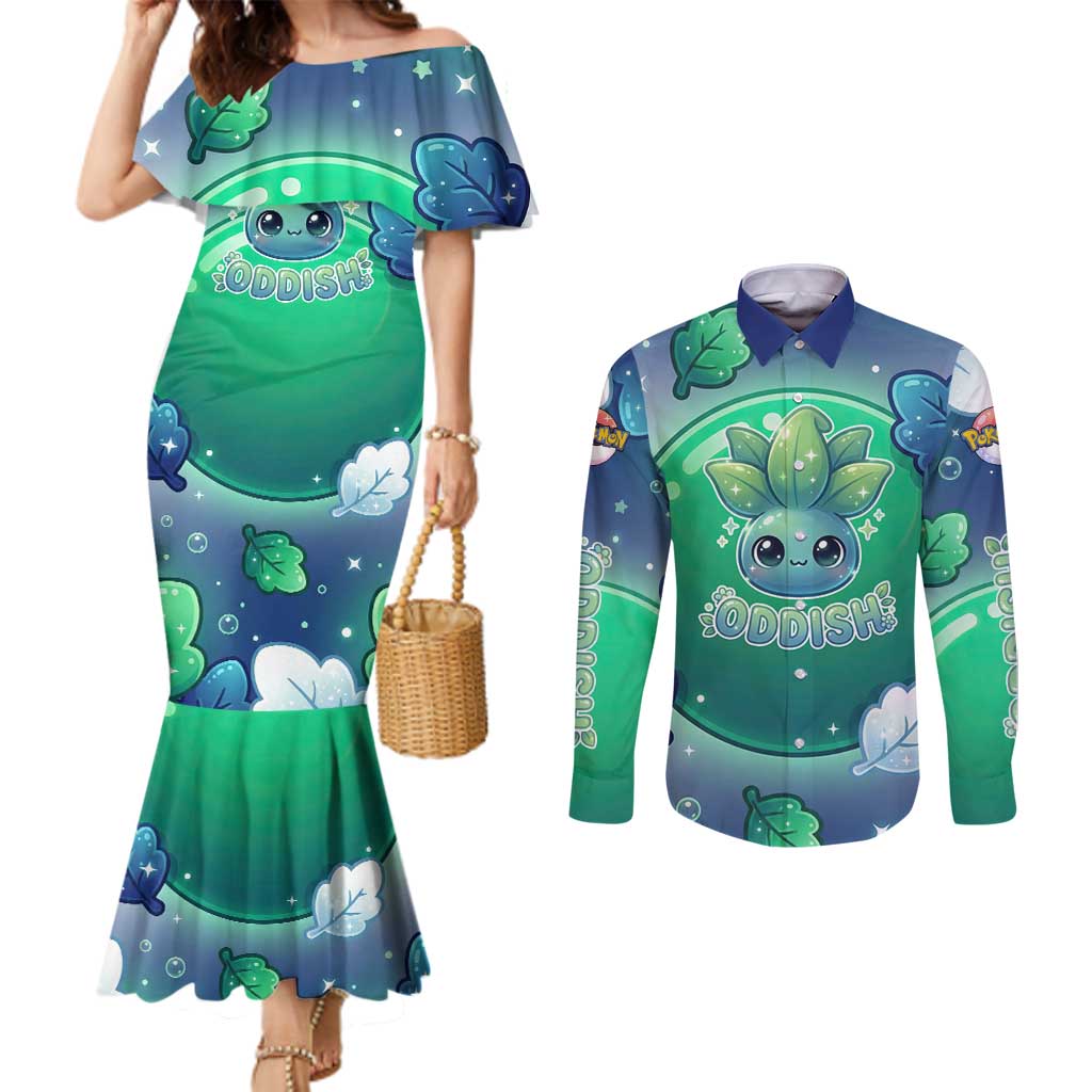 Oddish Couples Matching Mermaid Dress and Long Sleeve Button Shirt Whimsical Kawaii Botanical Fantasy