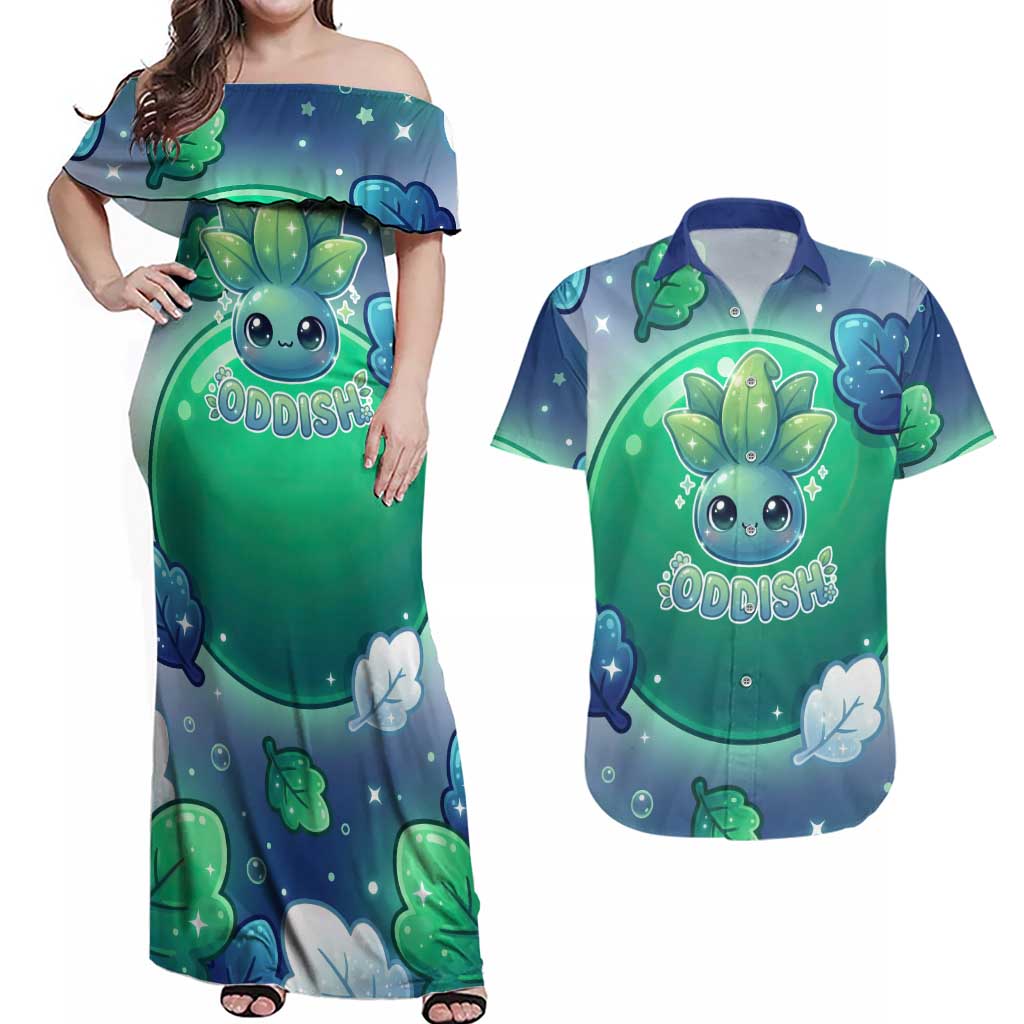 Oddish Couples Matching Off Shoulder Maxi Dress and Hawaiian Shirt Whimsical Kawaii Botanical Fantasy