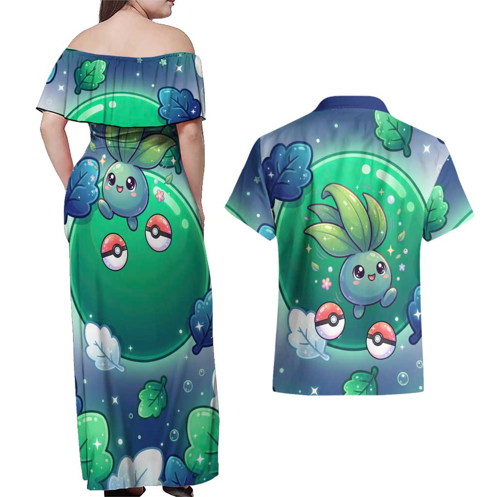 Oddish Couples Matching Off Shoulder Maxi Dress and Hawaiian Shirt Whimsical Kawaii Botanical Fantasy