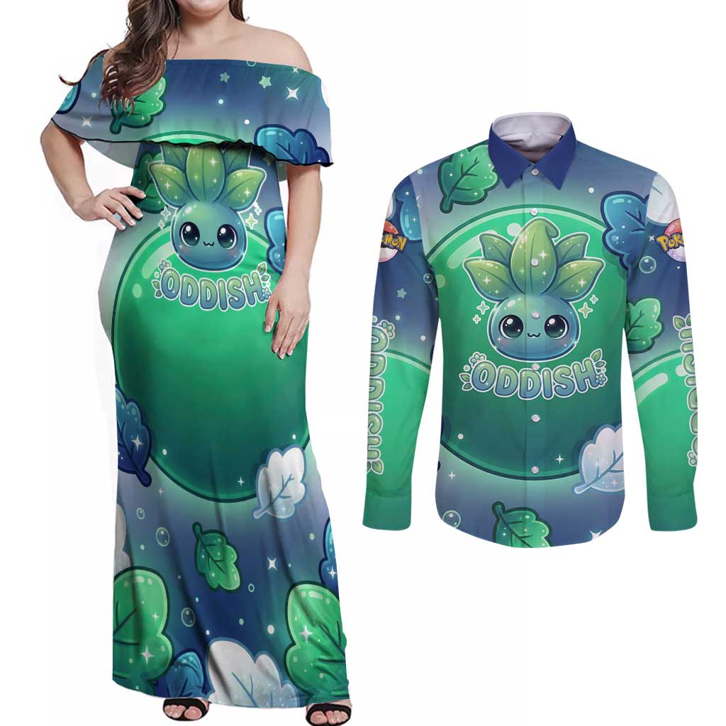 Oddish Couples Matching Off Shoulder Maxi Dress and Long Sleeve Button Shirt Whimsical Kawaii Botanical Fantasy