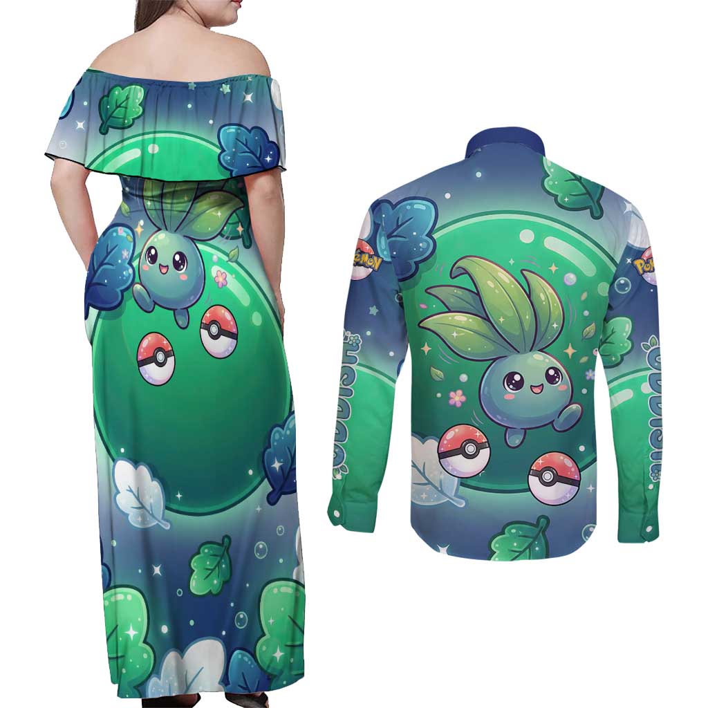 Oddish Couples Matching Off Shoulder Maxi Dress and Long Sleeve Button Shirt Whimsical Kawaii Botanical Fantasy