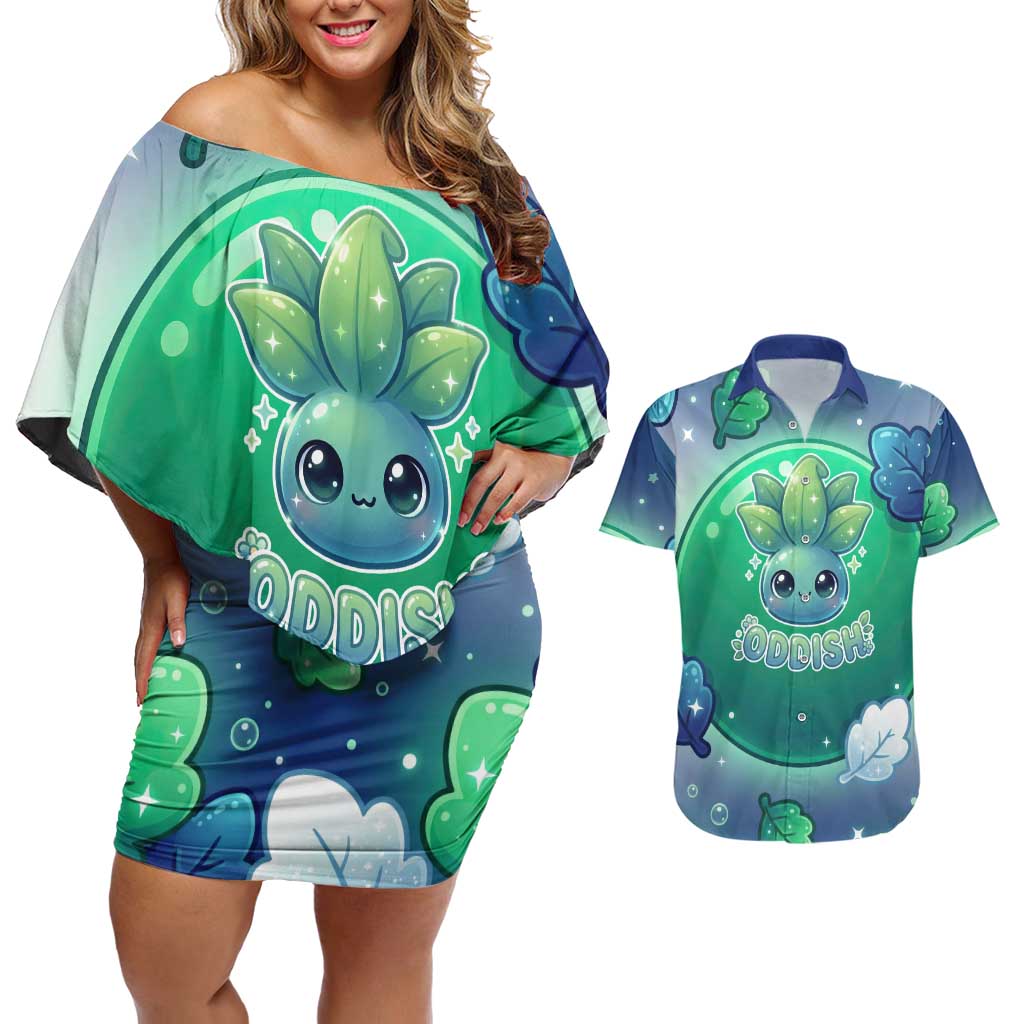 Oddish Couples Matching Off Shoulder Short Dress and Hawaiian Shirt Whimsical Kawaii Botanical Fantasy