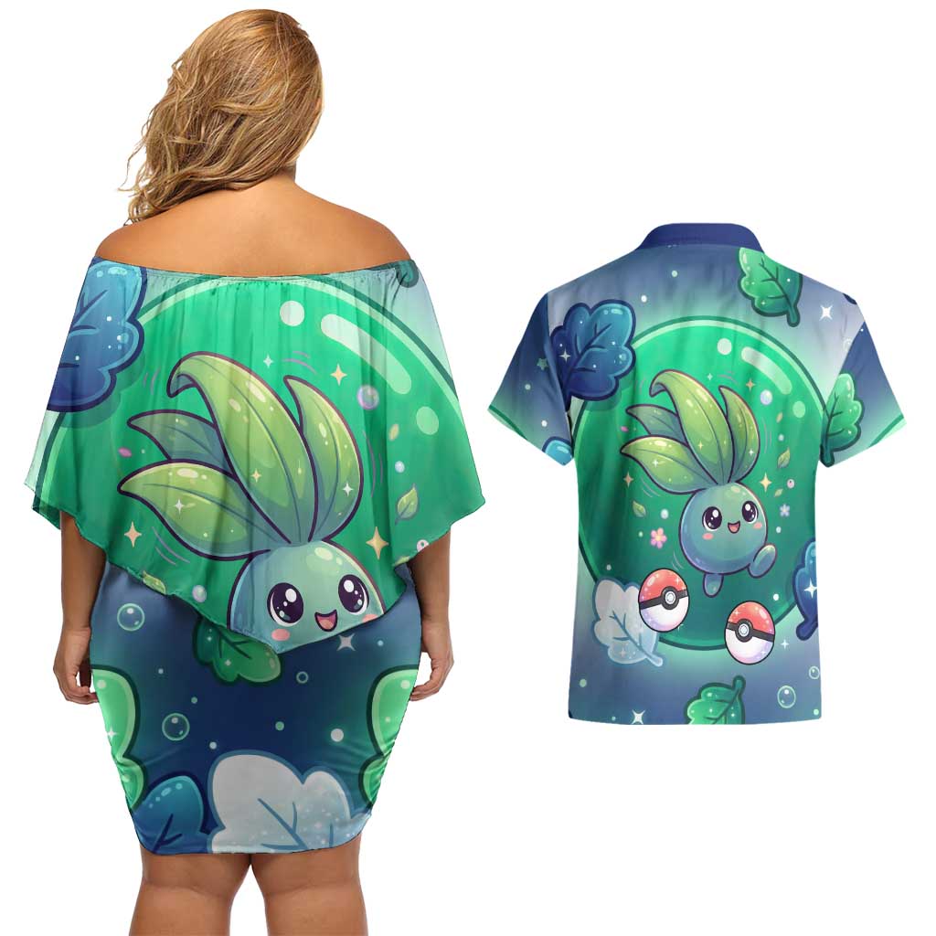 Oddish Couples Matching Off Shoulder Short Dress and Hawaiian Shirt Whimsical Kawaii Botanical Fantasy