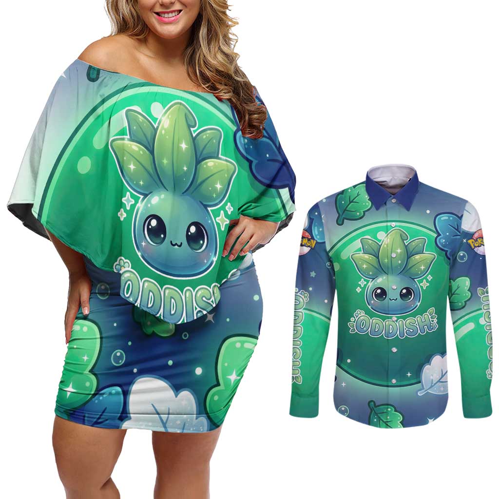 Oddish Couples Matching Off Shoulder Short Dress and Long Sleeve Button Shirt Whimsical Kawaii Botanical Fantasy