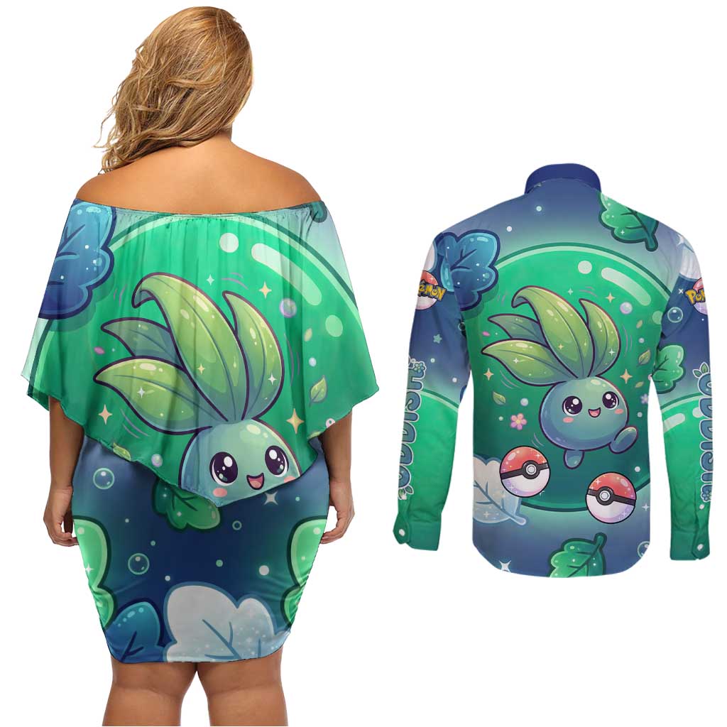 Oddish Couples Matching Off Shoulder Short Dress and Long Sleeve Button Shirt Whimsical Kawaii Botanical Fantasy