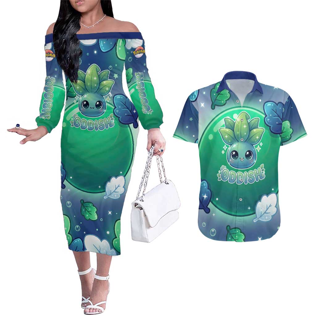 Oddish Couples Matching Off The Shoulder Long Sleeve Dress and Hawaiian Shirt Whimsical Kawaii Botanical Fantasy