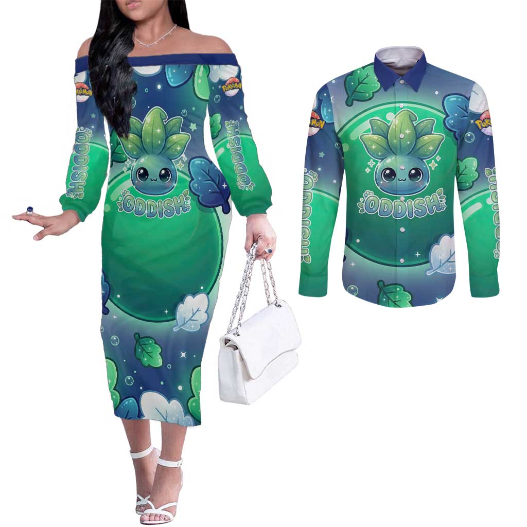 Oddish Couples Matching Off The Shoulder Long Sleeve Dress and Long Sleeve Button Shirt Whimsical Kawaii Botanical Fantasy