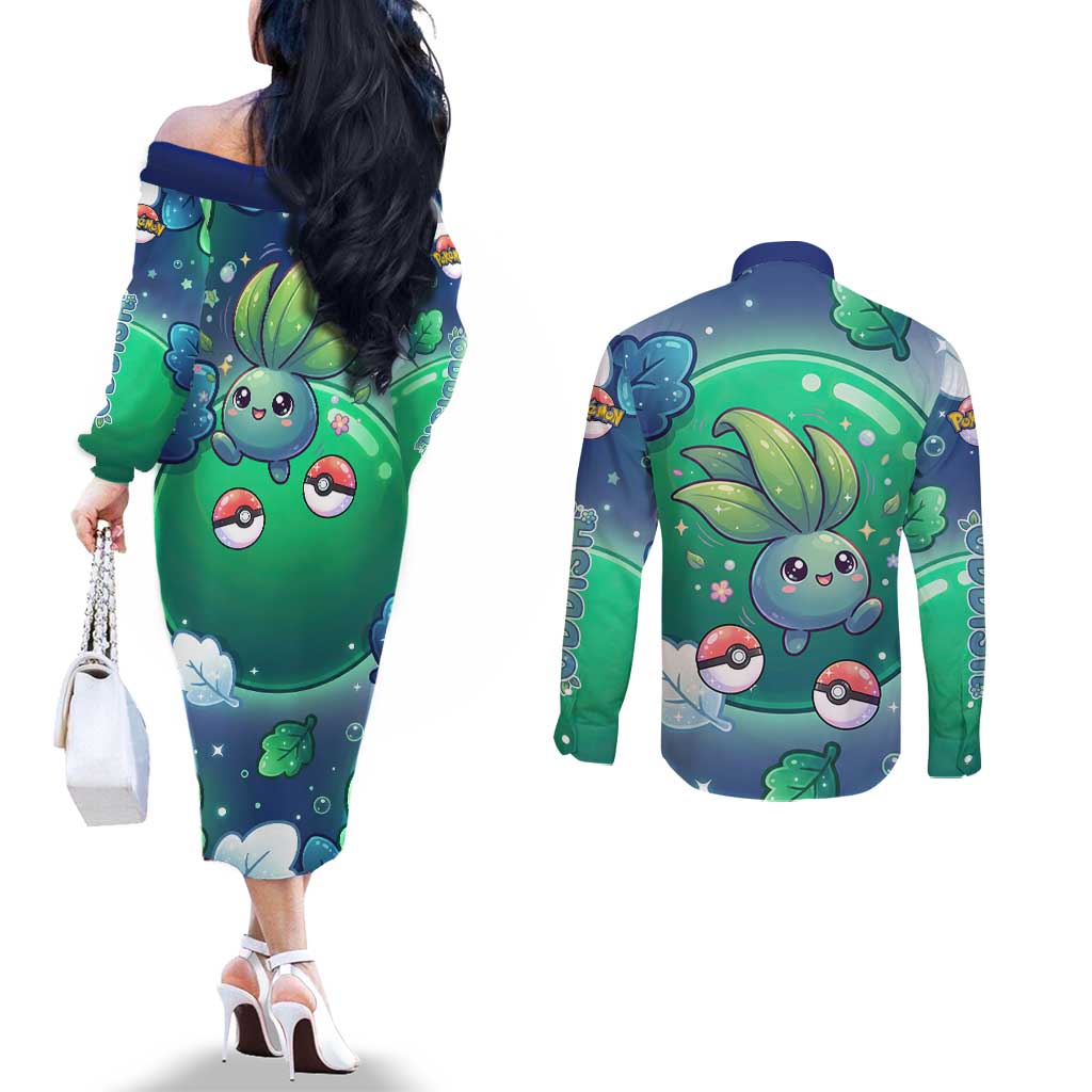 Oddish Couples Matching Off The Shoulder Long Sleeve Dress and Long Sleeve Button Shirt Whimsical Kawaii Botanical Fantasy