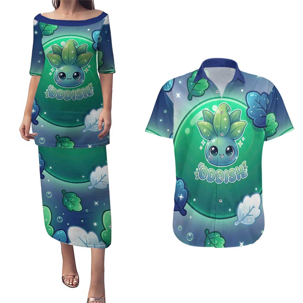Oddish Couples Matching Puletasi and Hawaiian Shirt Whimsical Kawaii Botanical Fantasy