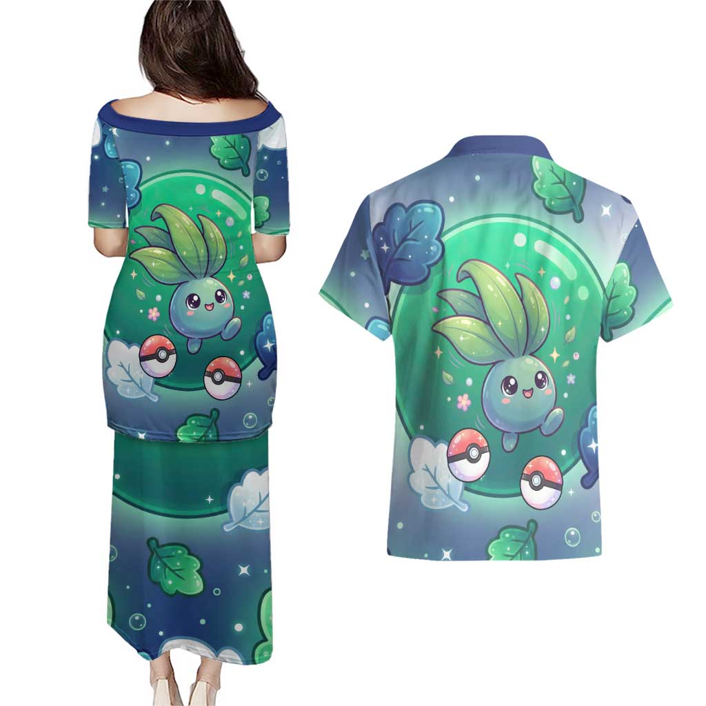 Oddish Couples Matching Puletasi and Hawaiian Shirt Whimsical Kawaii Botanical Fantasy