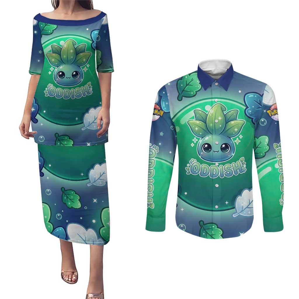 Oddish Couples Matching Puletasi and Long Sleeve Button Shirt Whimsical Kawaii Botanical Fantasy