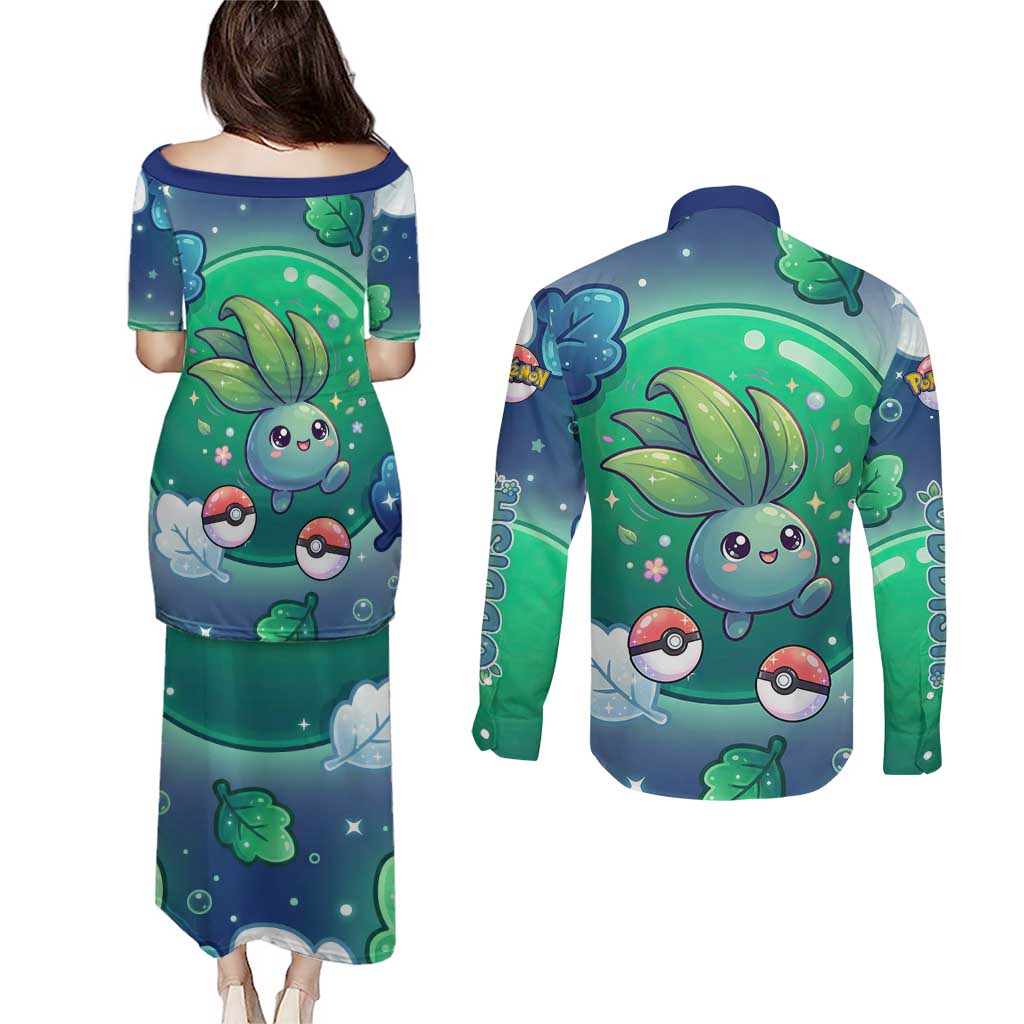 Oddish Couples Matching Puletasi and Long Sleeve Button Shirt Whimsical Kawaii Botanical Fantasy