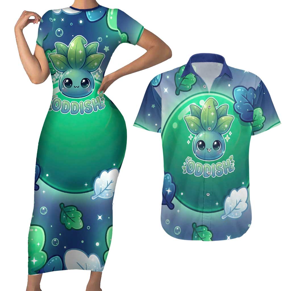 Oddish Couples Matching Short Sleeve Bodycon Dress and Hawaiian Shirt Whimsical Kawaii Botanical Fantasy
