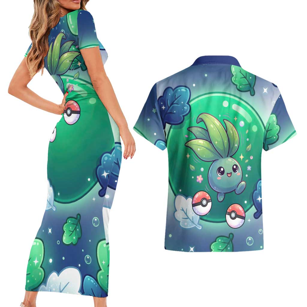 Oddish Couples Matching Short Sleeve Bodycon Dress and Hawaiian Shirt Whimsical Kawaii Botanical Fantasy