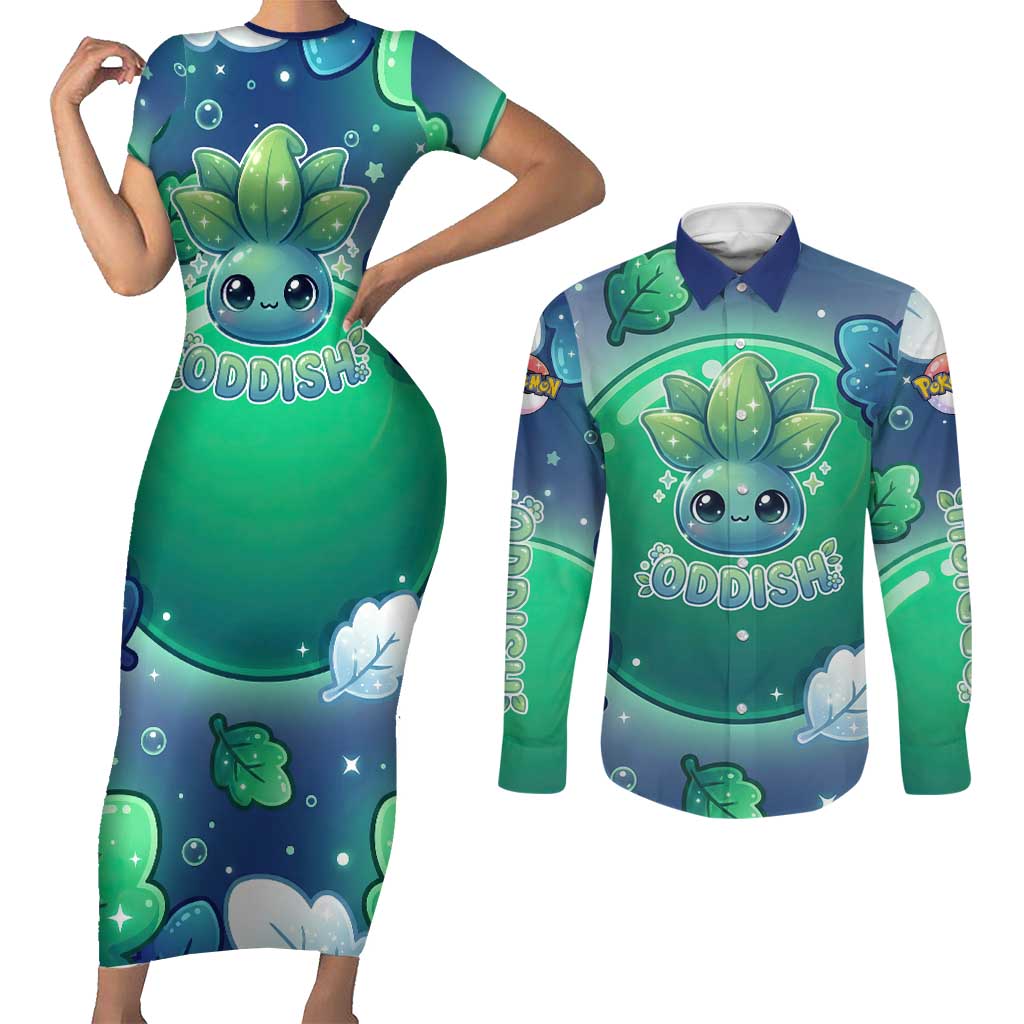 Oddish Couples Matching Short Sleeve Bodycon Dress and Long Sleeve Button Shirt Whimsical Kawaii Botanical Fantasy