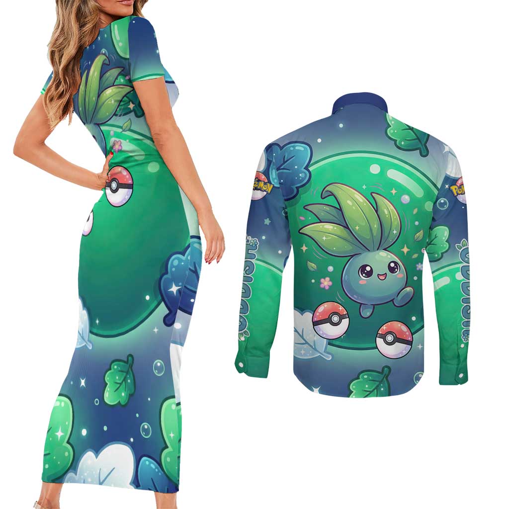 Oddish Couples Matching Short Sleeve Bodycon Dress and Long Sleeve Button Shirt Whimsical Kawaii Botanical Fantasy