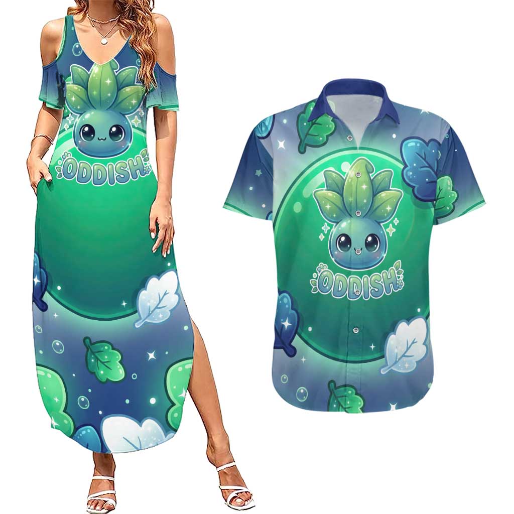 Oddish Couples Matching Summer Maxi Dress and Hawaiian Shirt Whimsical Kawaii Botanical Fantasy