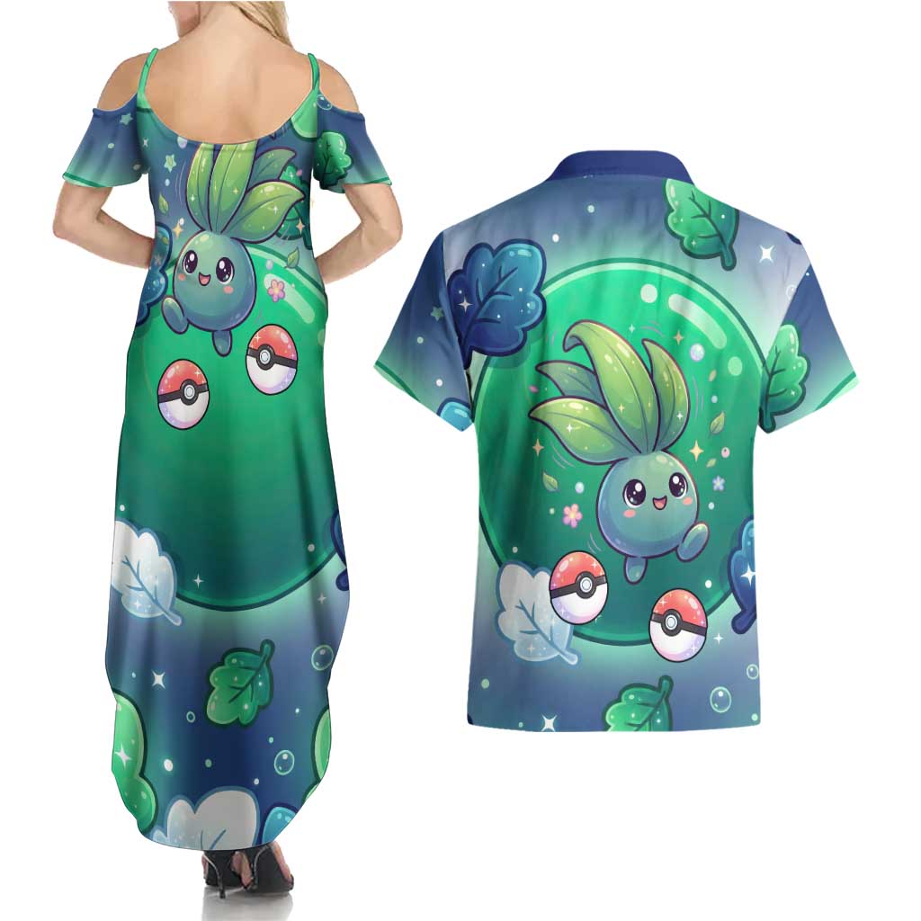 Oddish Couples Matching Summer Maxi Dress and Hawaiian Shirt Whimsical Kawaii Botanical Fantasy