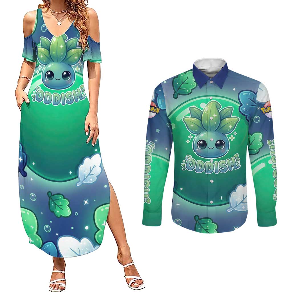 Oddish Couples Matching Summer Maxi Dress and Long Sleeve Button Shirt Whimsical Kawaii Botanical Fantasy