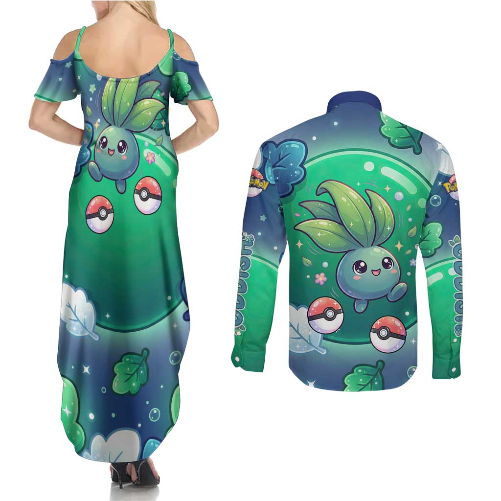 Oddish Couples Matching Summer Maxi Dress and Long Sleeve Button Shirt Whimsical Kawaii Botanical Fantasy