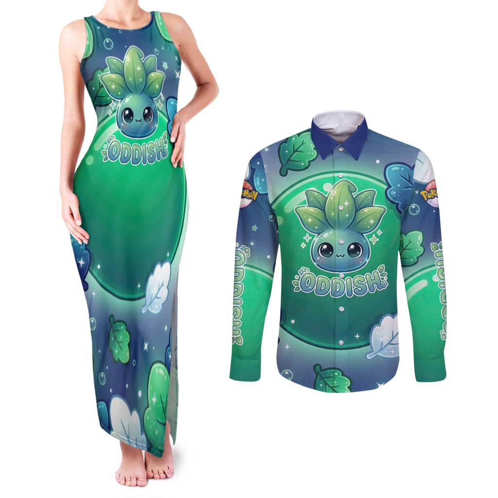 Oddish Couples Matching Tank Maxi Dress and Long Sleeve Button Shirt Whimsical Kawaii Botanical Fantasy