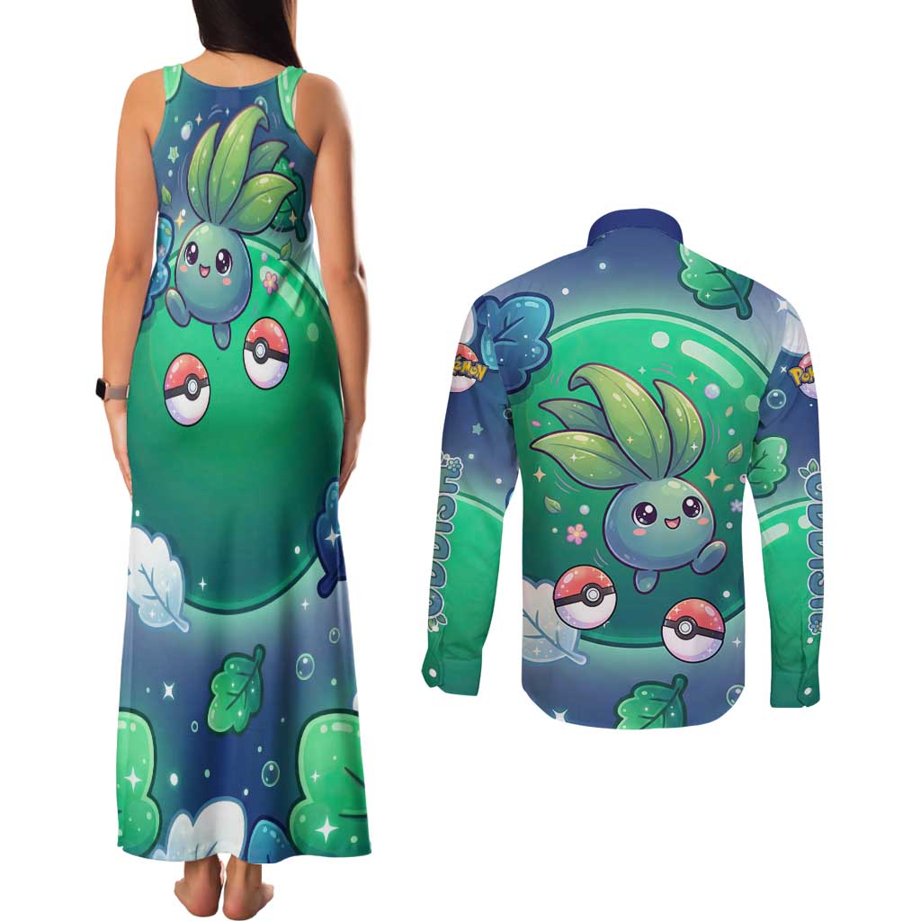 Oddish Couples Matching Tank Maxi Dress and Long Sleeve Button Shirt Whimsical Kawaii Botanical Fantasy