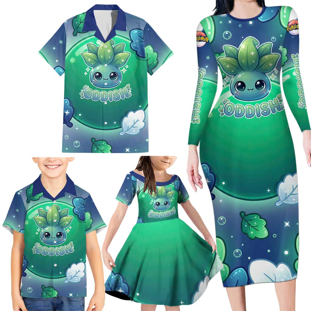 Oddish Family Matching Long Sleeve Bodycon Dress and Hawaiian Shirt Whimsical Kawaii Botanical Fantasy