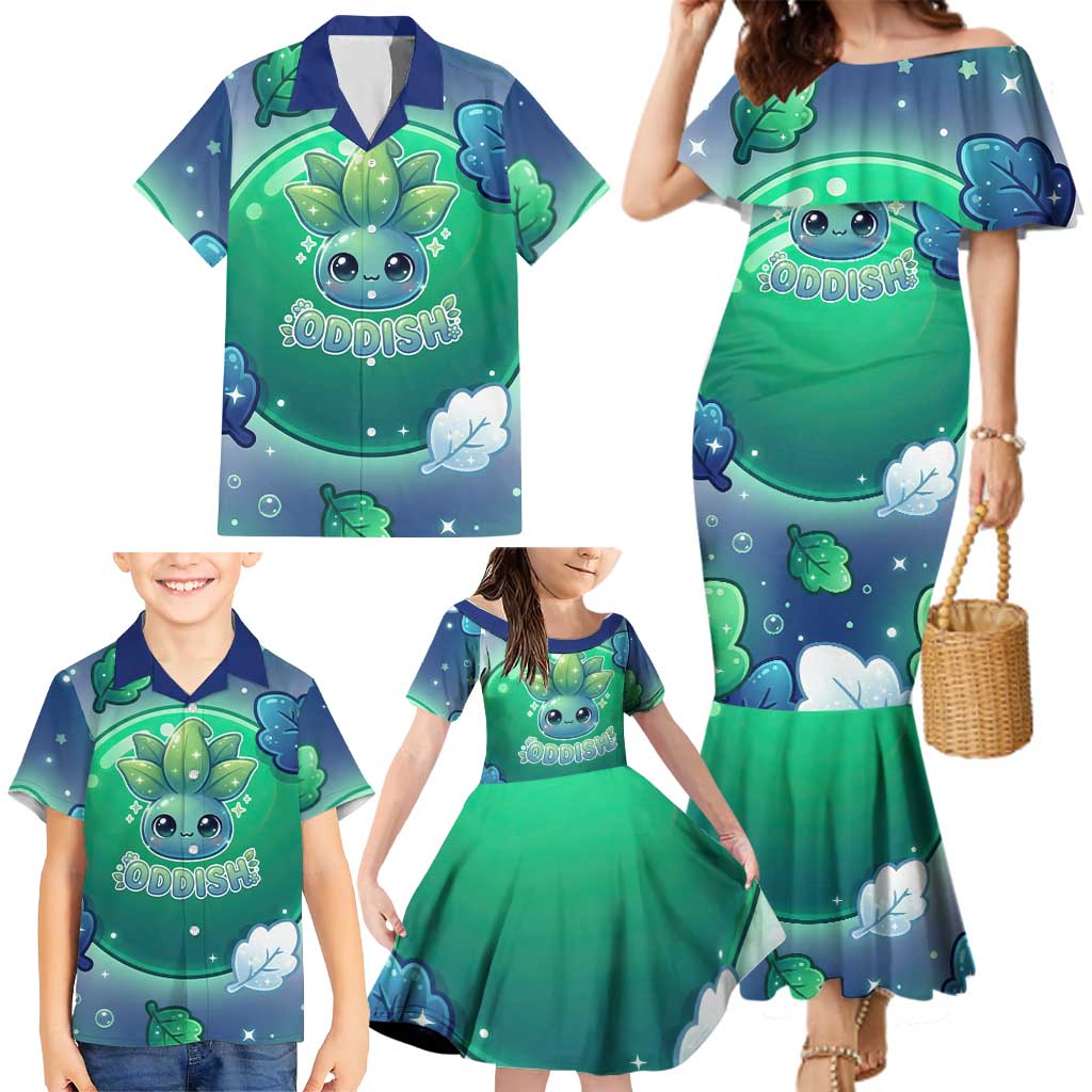 Oddish Family Matching Mermaid Dress and Hawaiian Shirt Whimsical Kawaii Botanical Fantasy