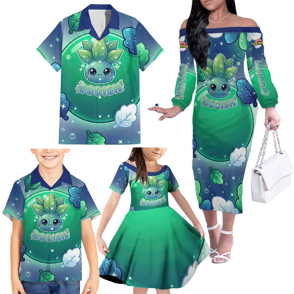 Oddish Family Matching Off The Shoulder Long Sleeve Dress and Hawaiian Shirt Whimsical Kawaii Botanical Fantasy