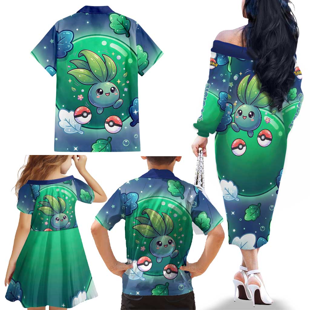 Oddish Family Matching Off The Shoulder Long Sleeve Dress and Hawaiian Shirt Whimsical Kawaii Botanical Fantasy