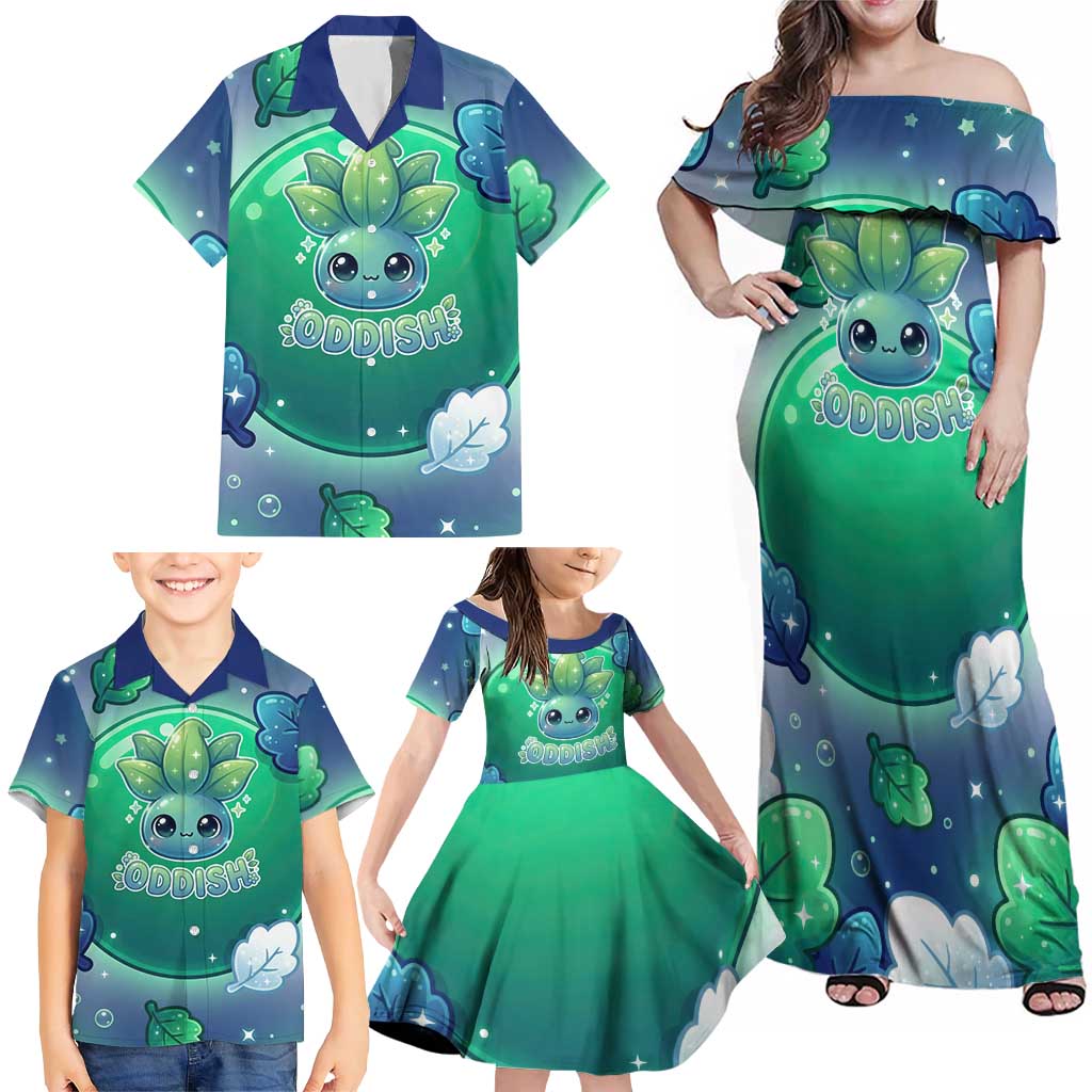 Oddish Family Matching Off Shoulder Maxi Dress and Hawaiian Shirt Whimsical Kawaii Botanical Fantasy