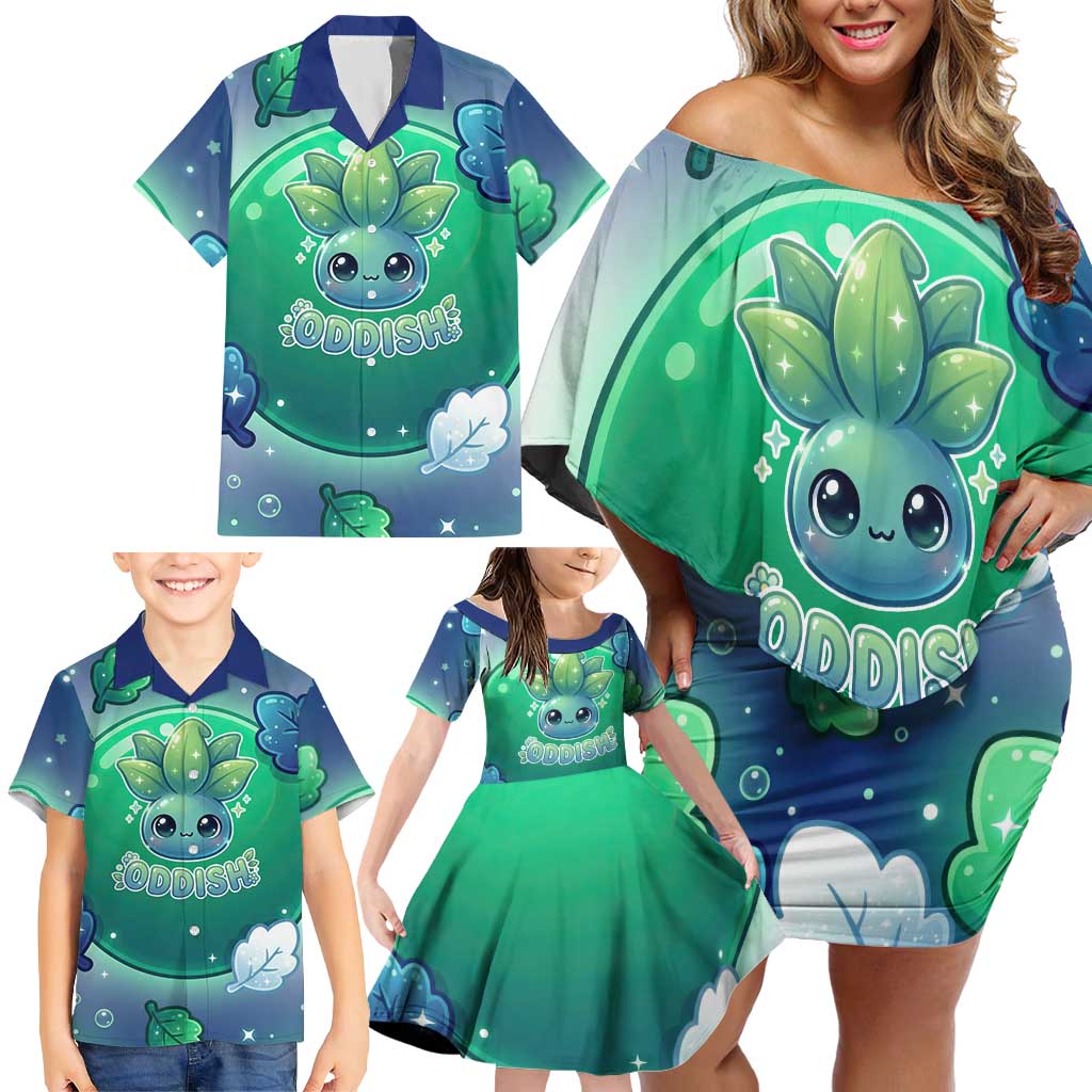 Oddish Family Matching Off Shoulder Short Dress and Hawaiian Shirt Whimsical Kawaii Botanical Fantasy
