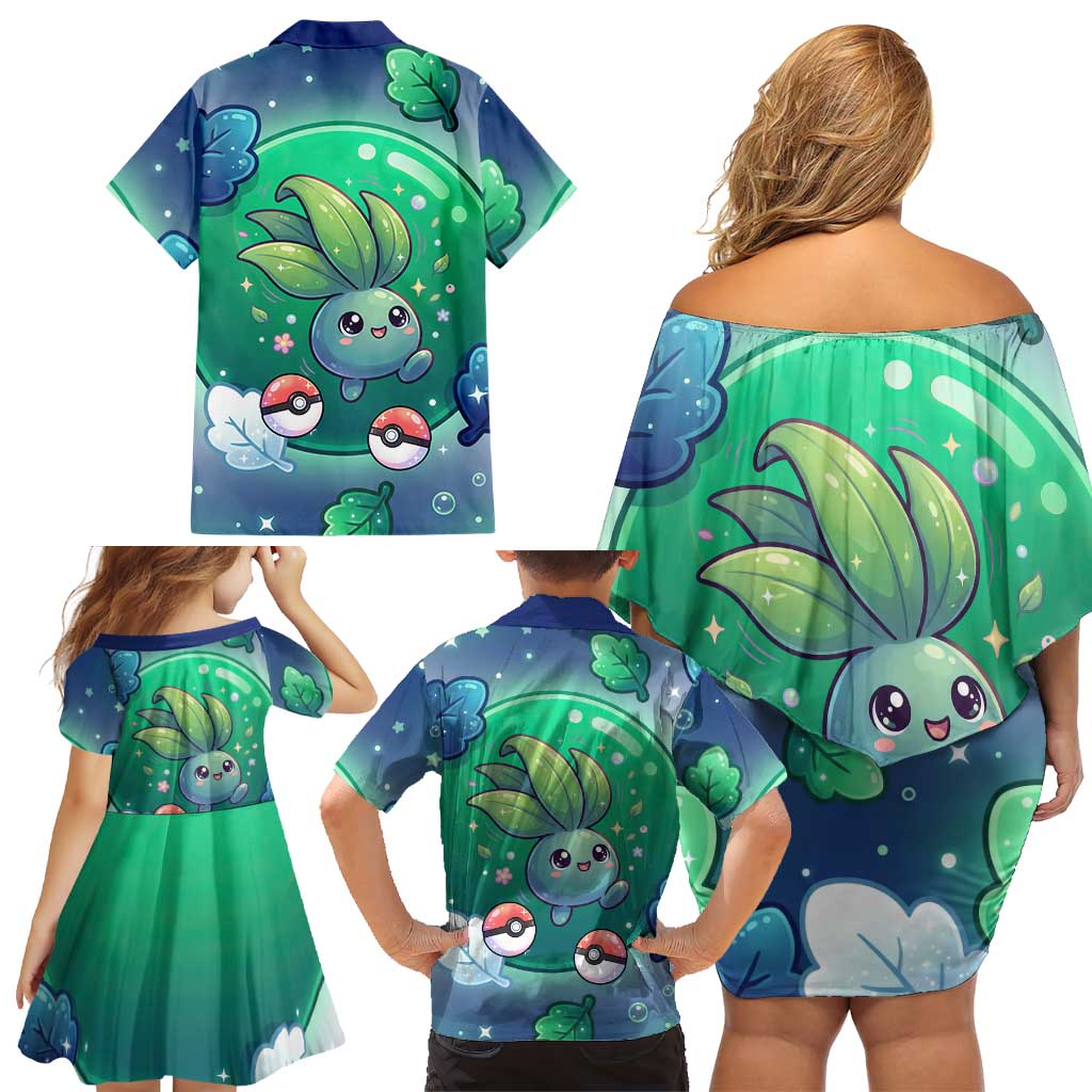 Oddish Family Matching Off Shoulder Short Dress and Hawaiian Shirt Whimsical Kawaii Botanical Fantasy