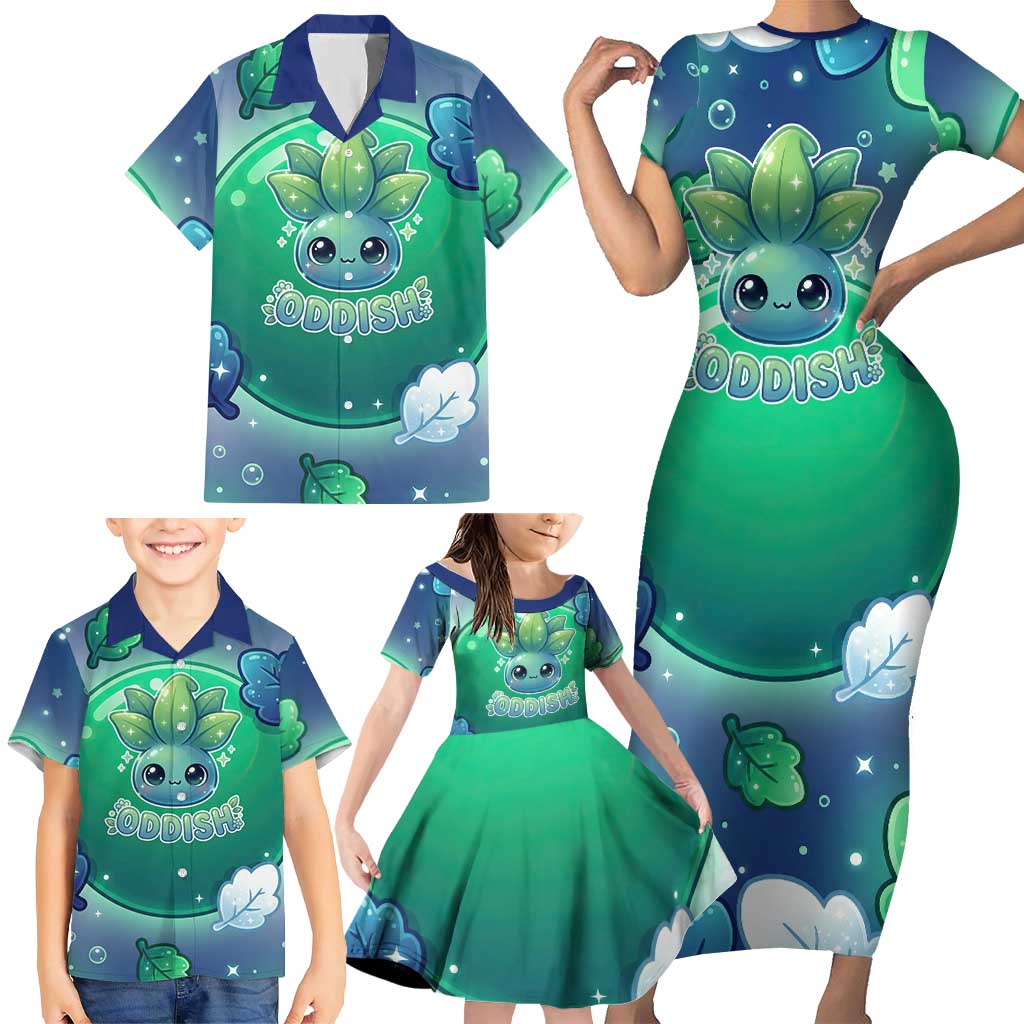 Oddish Family Matching Short Sleeve Bodycon Dress and Hawaiian Shirt Whimsical Kawaii Botanical Fantasy