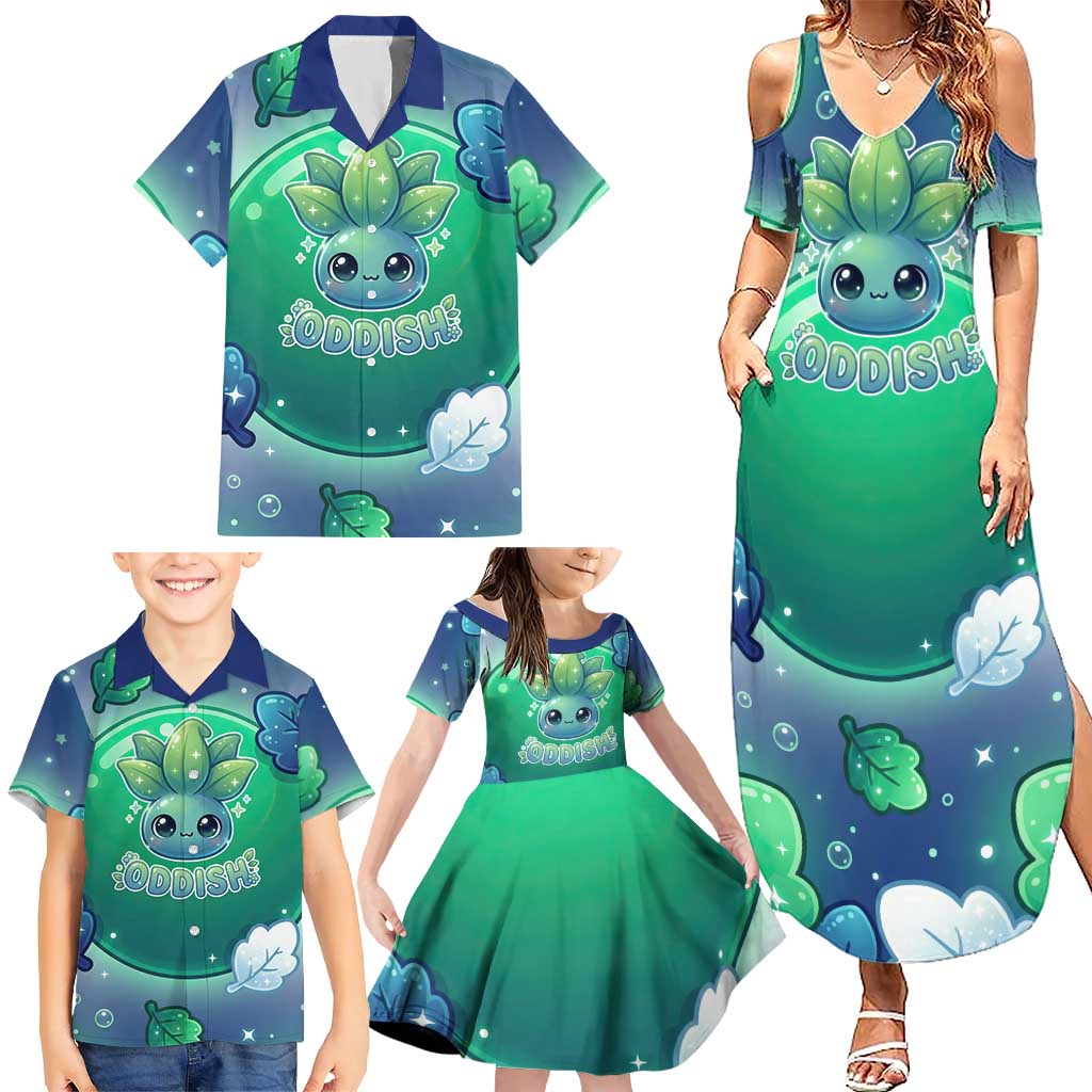 Oddish Family Matching Summer Maxi Dress and Hawaiian Shirt Whimsical Kawaii Botanical Fantasy