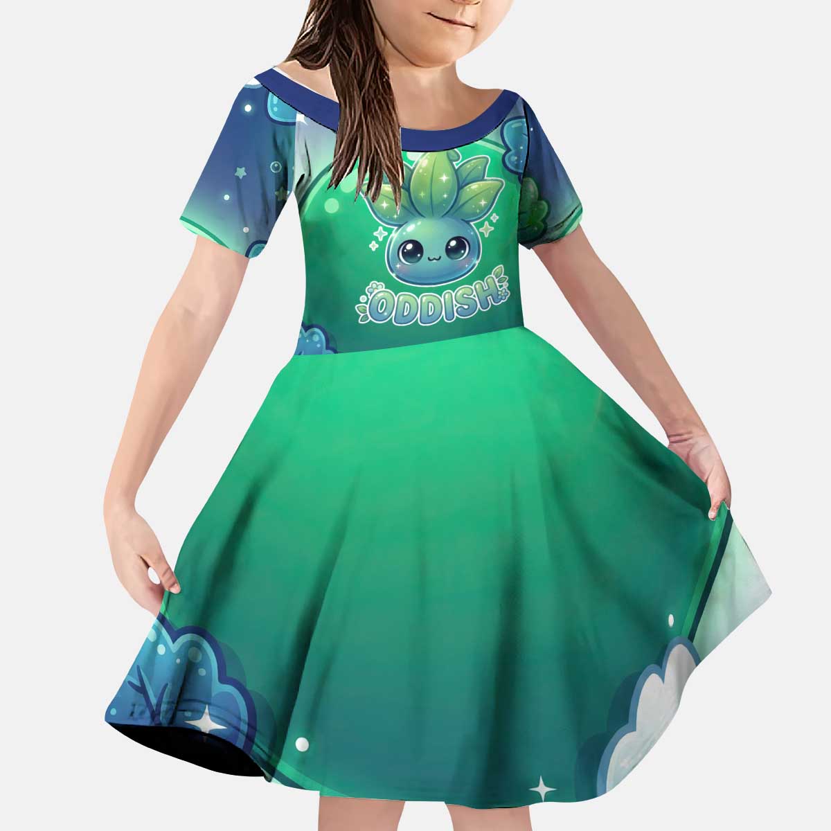 Oddish Kid Short Sleeve Dress Whimsical Kawaii Botanical Fantasy