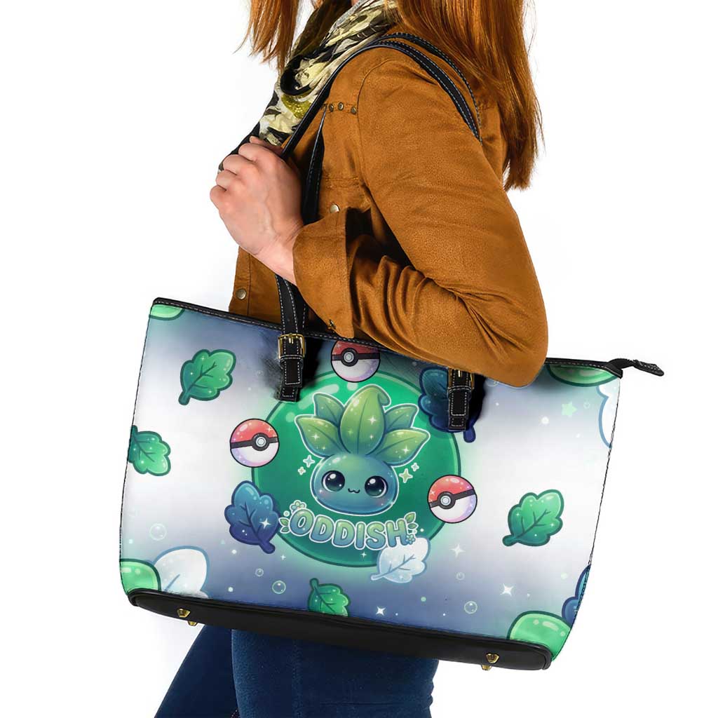 Oddish Leather Tote Bag Whimsical Kawaii Botanical Fantasy