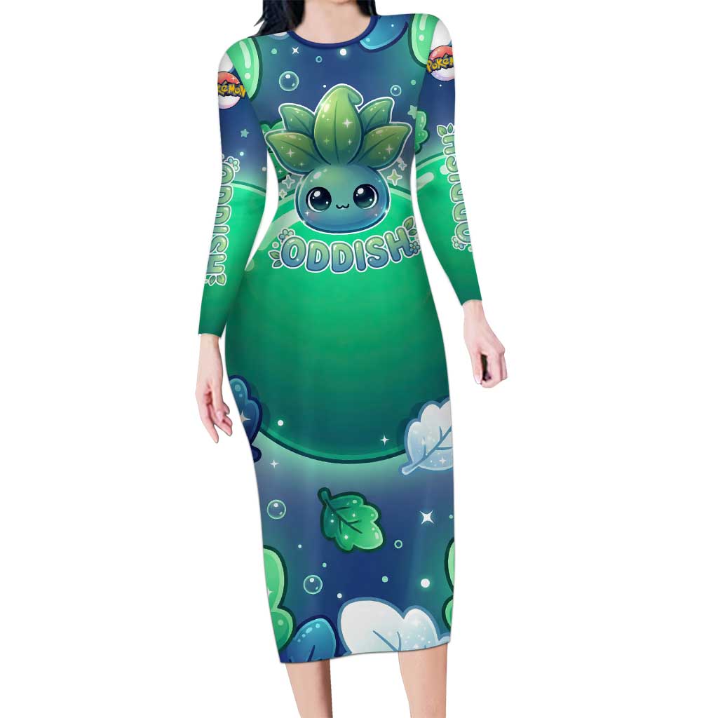 Oddish Long Sleeve Bodycon Dress Whimsical Kawaii Botanical Fantasy