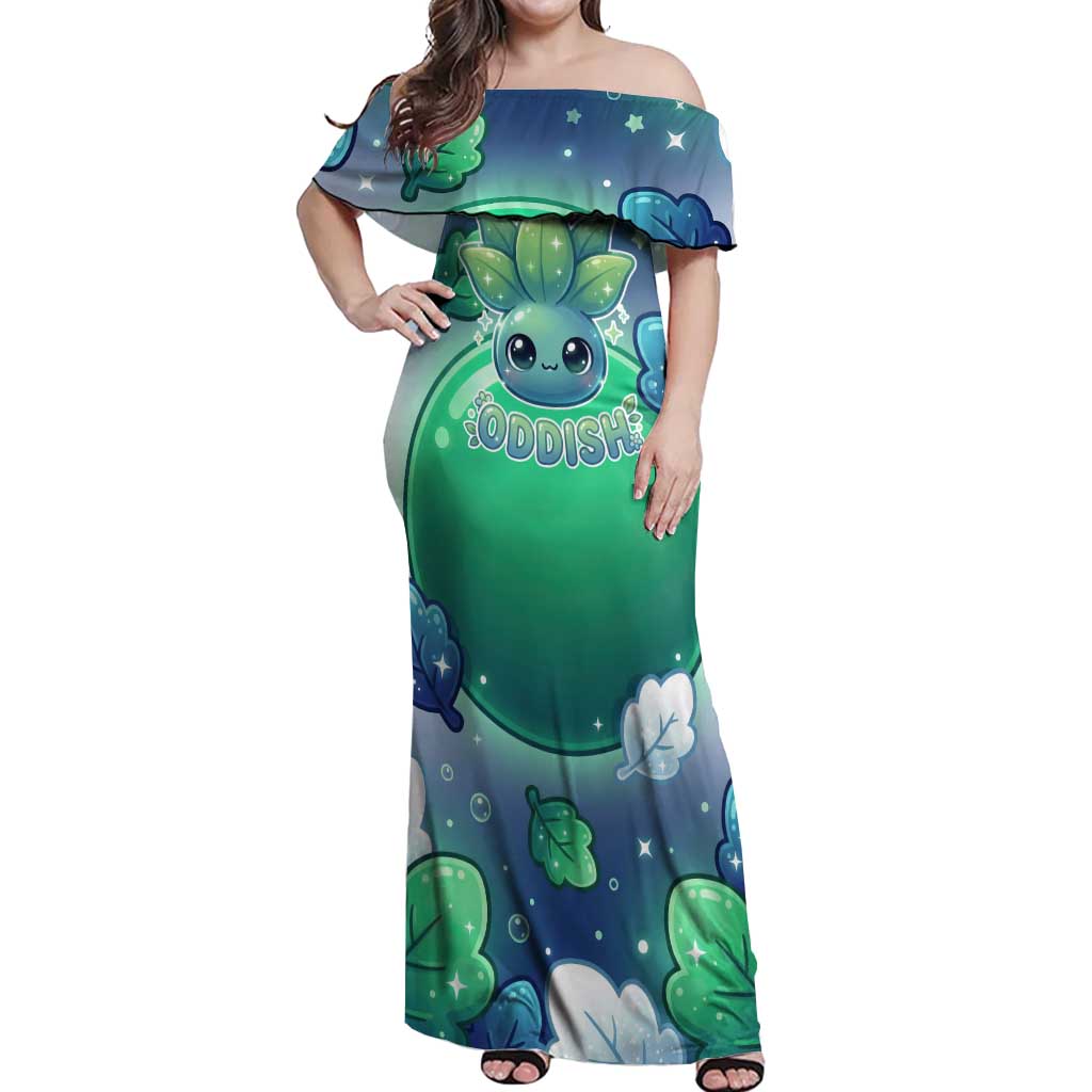 Oddish Off Shoulder Maxi Dress Whimsical Kawaii Botanical Fantasy