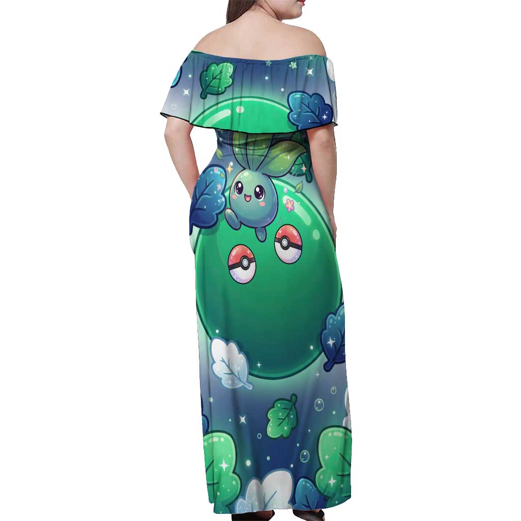 Oddish Off Shoulder Maxi Dress Whimsical Kawaii Botanical Fantasy