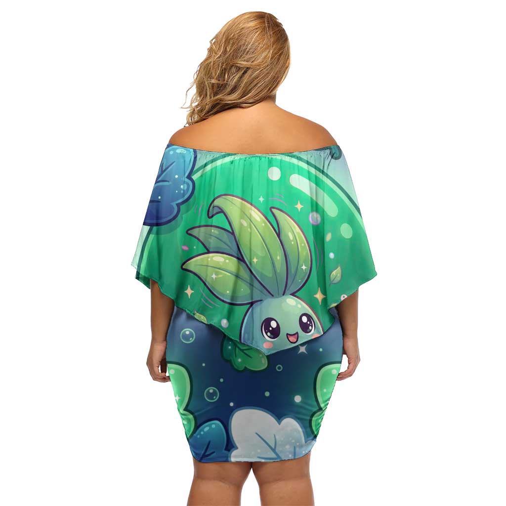 Oddish Off Shoulder Short Dress Whimsical Kawaii Botanical Fantasy