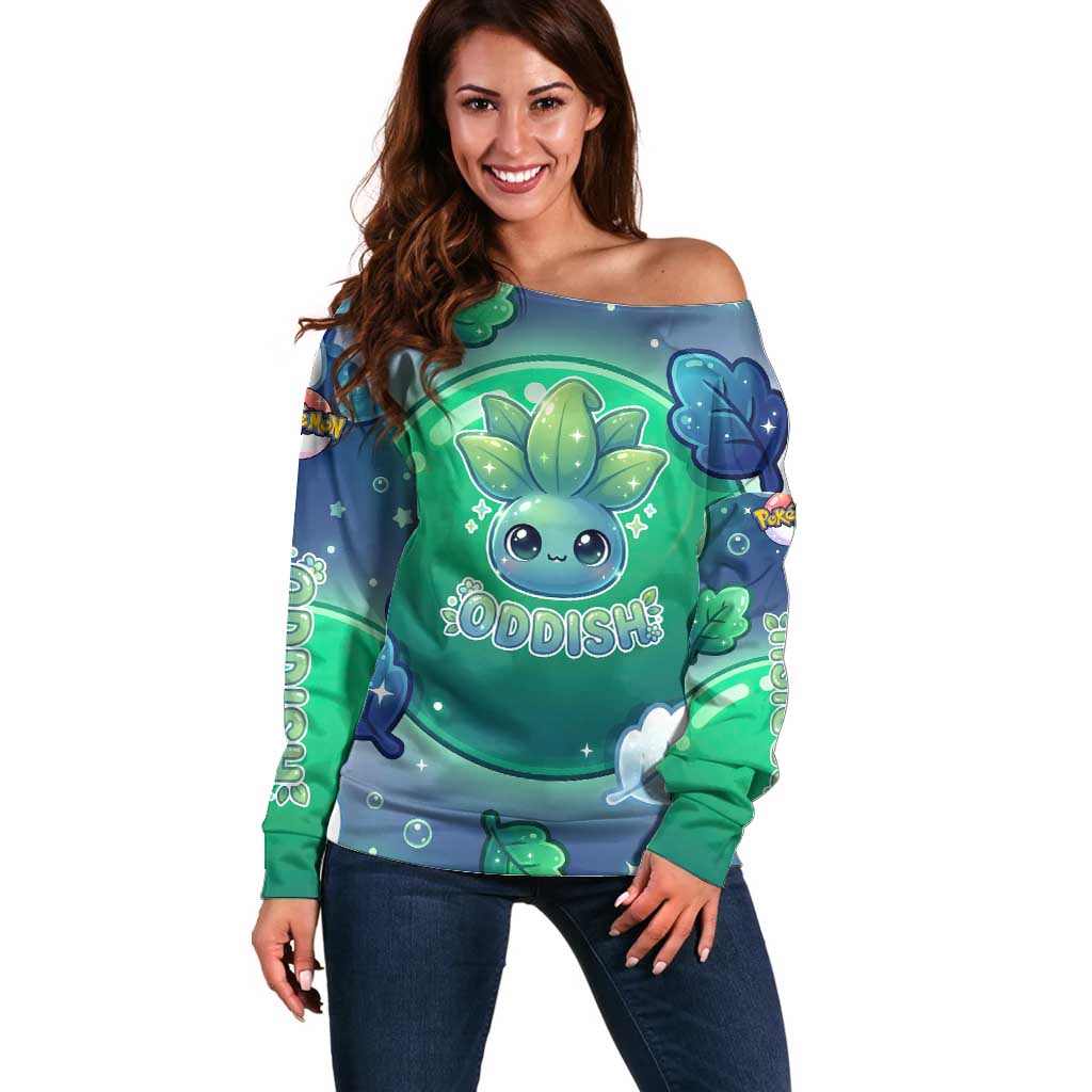 Oddish Off Shoulder Sweater Whimsical Kawaii Botanical Fantasy