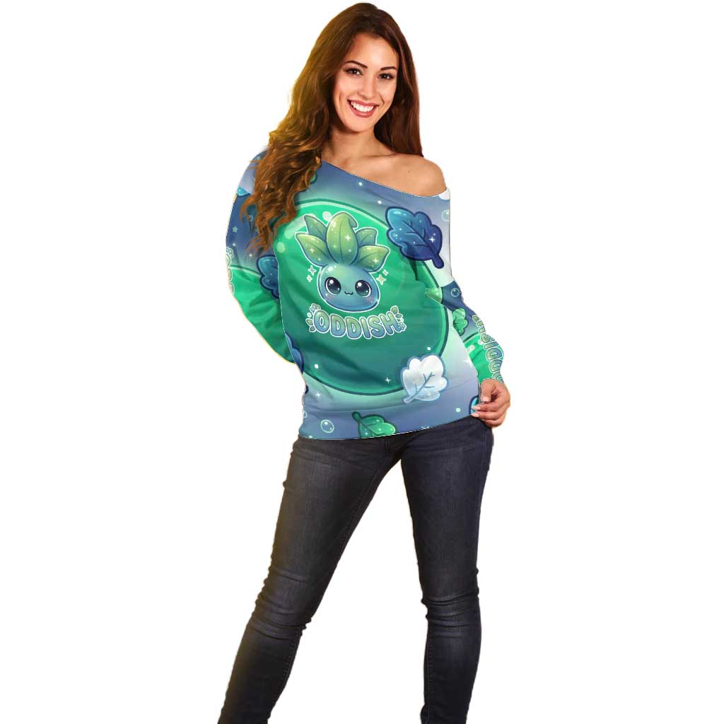 Oddish Off Shoulder Sweater Whimsical Kawaii Botanical Fantasy