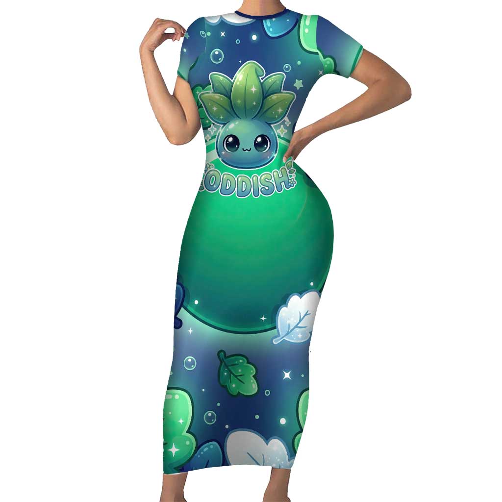 Oddish Short Sleeve Bodycon Dress Whimsical Kawaii Botanical Fantasy