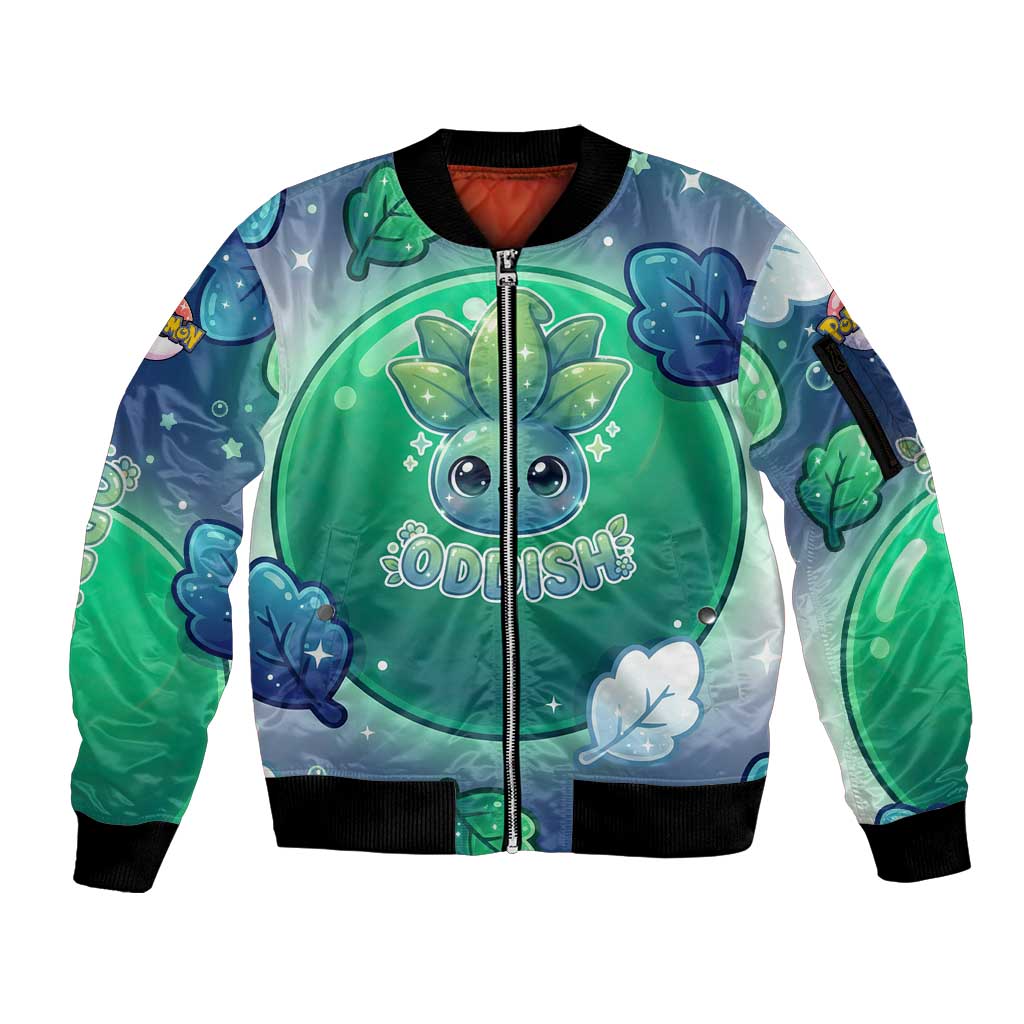Oddish Sleeve Zip Bomber Jacket Whimsical Kawaii Botanical Fantasy