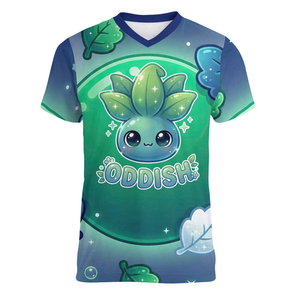 Oddish Women V-Neck T-Shirt Whimsical Kawaii Botanical Fantasy