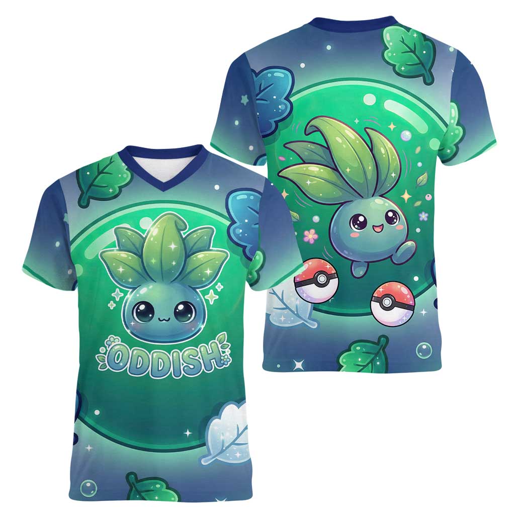 Oddish Women V-Neck T-Shirt Whimsical Kawaii Botanical Fantasy