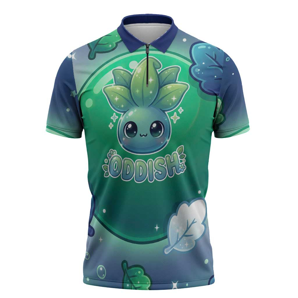 Oddish Zipper Polo Shirt Whimsical Kawaii Botanical Fantasy