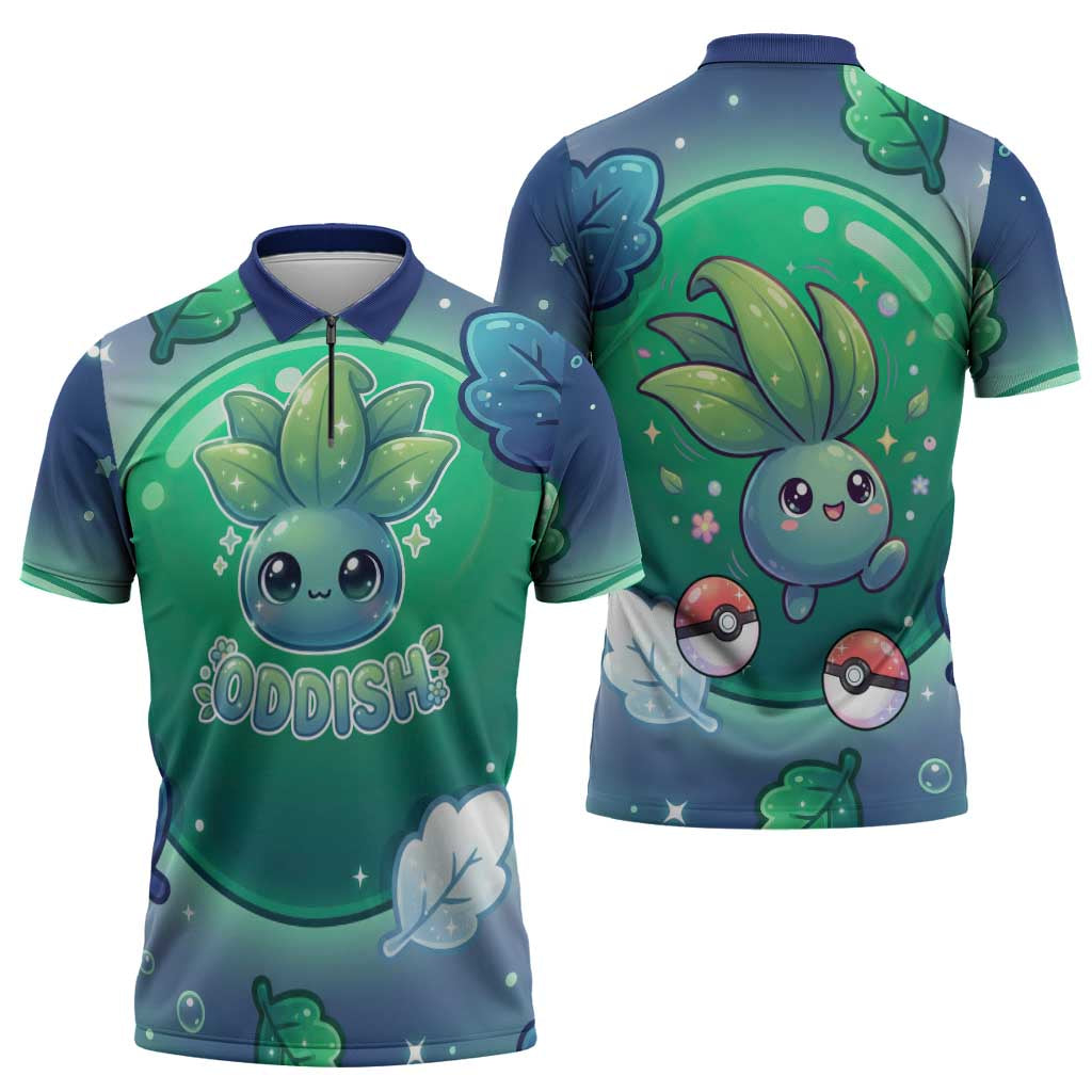 Oddish Zipper Polo Shirt Whimsical Kawaii Botanical Fantasy
